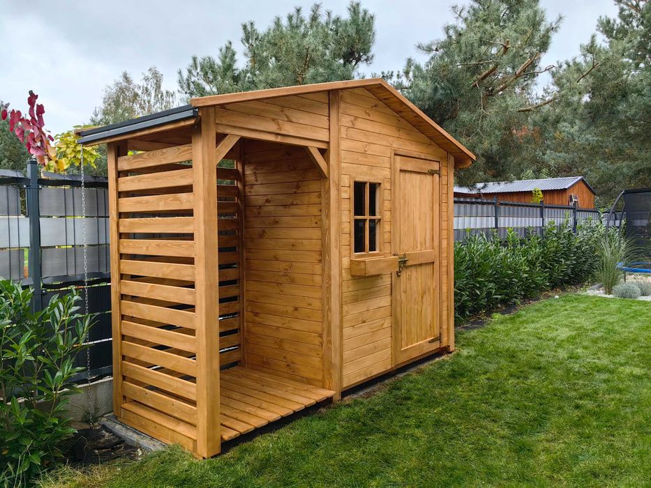 Domek narzędziowy 2 x 1,1m z  drewutnią 1,14 x 1,1m z dachem prostym