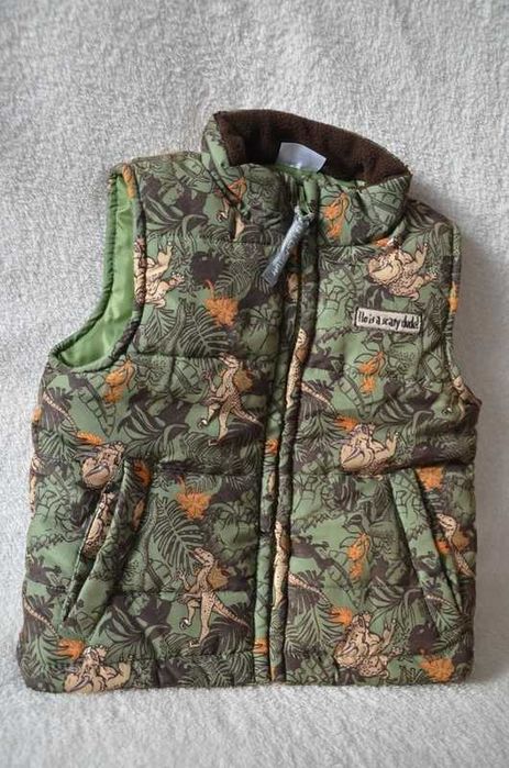 2 chłopięce kamizelki 74cm (na 9 miesięcy)- z dinozaurami i dwustronna