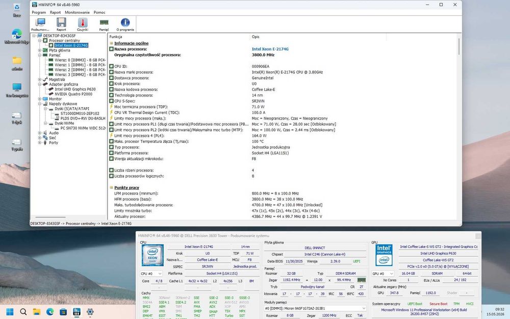 Dell Precision 3630 Tower – Xeon E-2174G / 32GB ECC / Quadro P2000 / SSD NVMe 512/ Windows 11 Pro