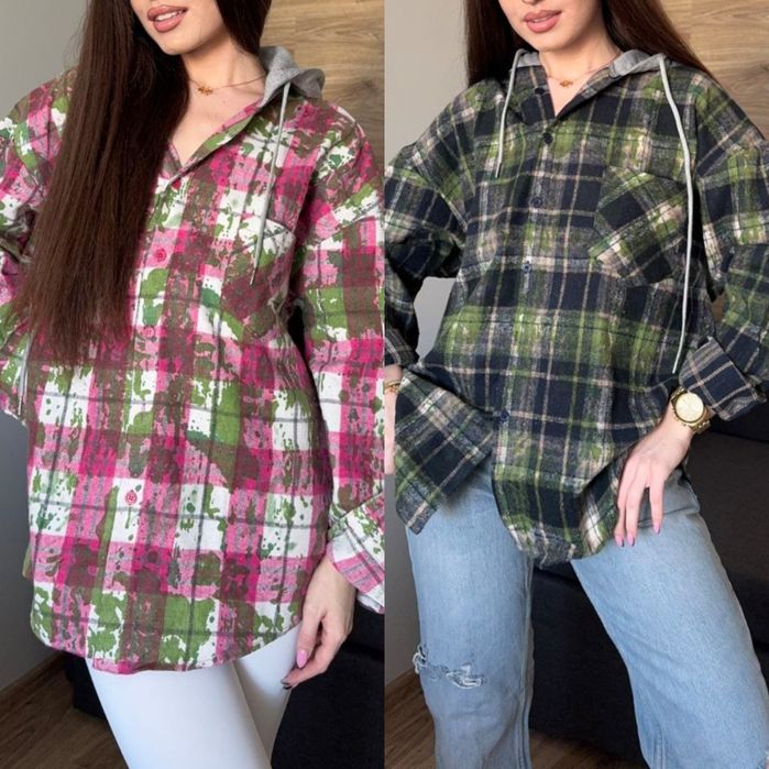 до 50р. Оверсайз Байкова Сорочка у клітинку, жіноча з капюшоном