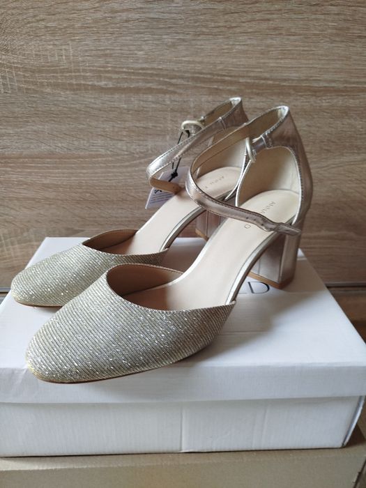 Złote skórzane buty damskie na obcasie Anna Field r. 41