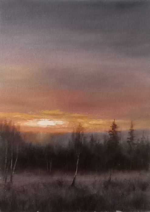 Obraz olejny ręcznie malowany; Zachód słońca; 25 x 35