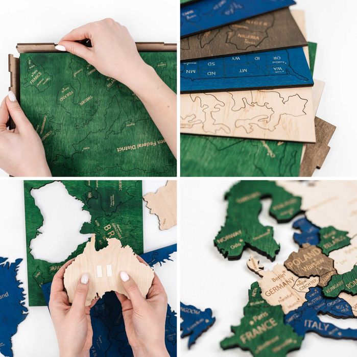 Drewniana Mapa Świata 3D Rozmiar L Kolorowa 105x60cm + Pinezki + Flagi