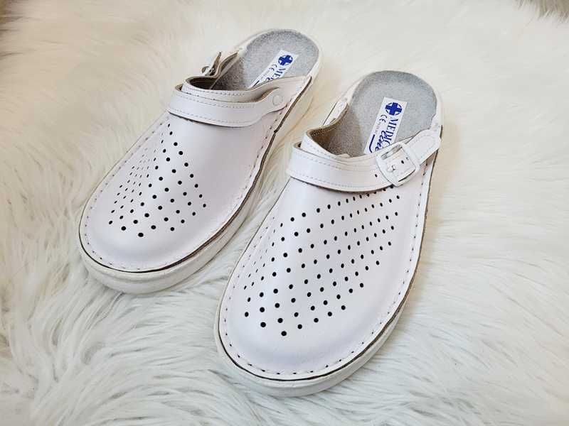 Białe, skórzane obuwie buty / klapki medyczne, Medical Line 37 23,5 cm