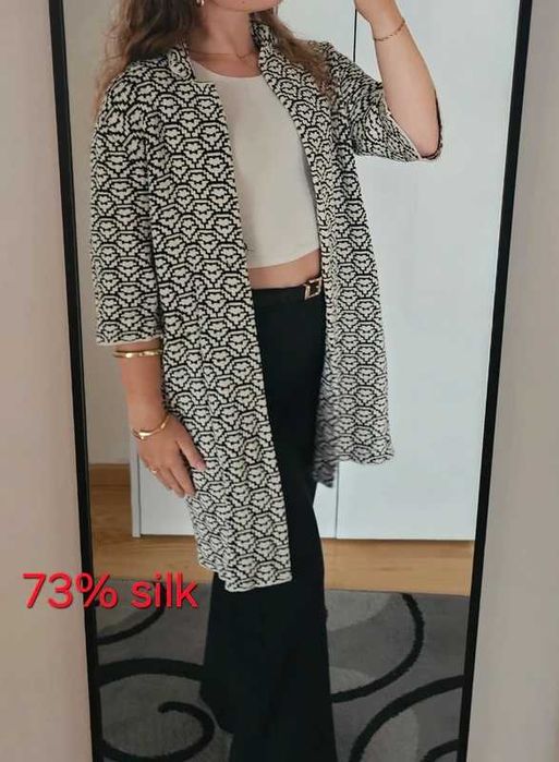 Stefanel kardigan jedwab kimono długa narzutka czarno-biały premium