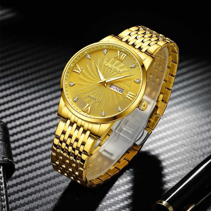 Zegarek męski złoty 42mm klasyczny garniturowiec datownik bransoleta