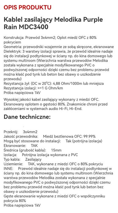 Kabel zasilający audio Melodika 3x4 mm dł 1.0m. Wtyki Audiocrast.