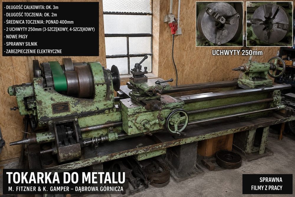 Tokarka do metalu 3 m / 2 m toczenia – sprawna, filmy z pracy M. Fitzner & K. Gamper