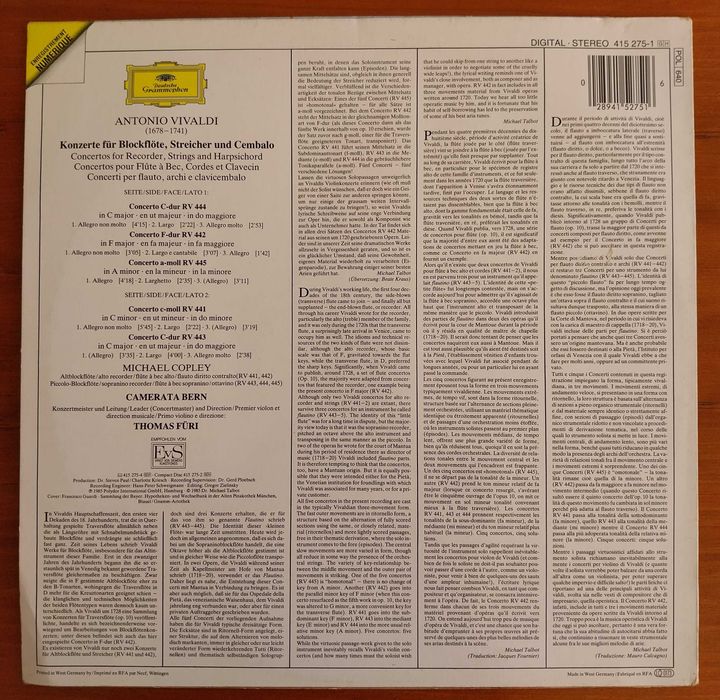 vinil: M. Copley / Camerata Bern “Vivaldi - Konzerte für blockflöte”
