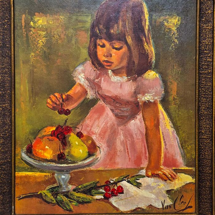 Pintura a Óleo sobre Tela “Menina com Fruteira” Assinada Van Cleef