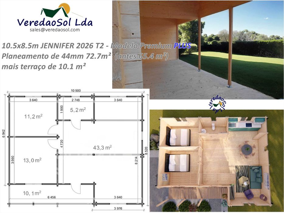 Casa madeira KIT JENNIFER NOVO 2026 T2 Coberta 98.2m²  Pré fabricada