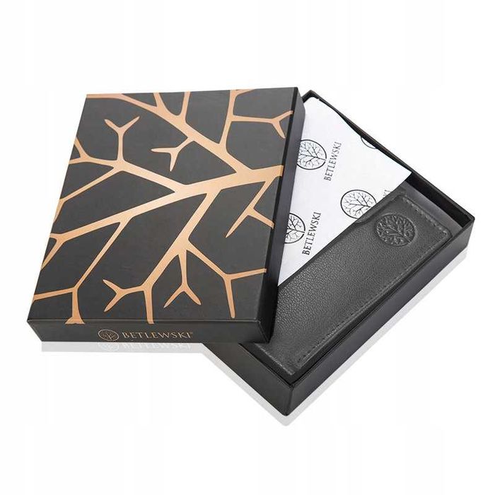BETLEWSKI Portfel Męski Skórzany Na Prezent Szary RFID Pudełko Logo