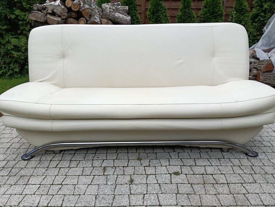 Sofa, wersalka, kanapa  skórzana (naturalna) ecru,  rozkładana