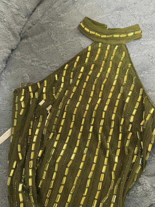 Warehouse Sukienka maxi oliwkowa kamienie galamour wesele S/M GRATIS