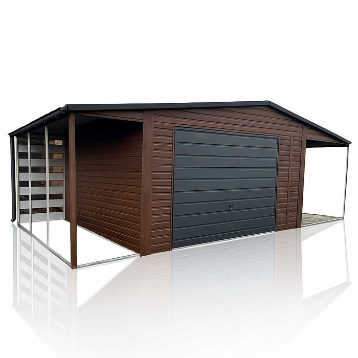 Garaż Blaszany drewnopodobny z wnęką 5.5x5m + 1.5x5m wiata Panelowa