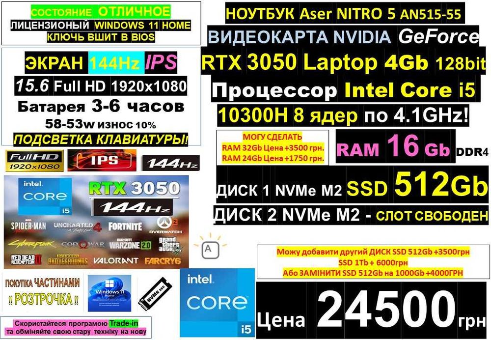 150+ Ноутбуківℹ️ACER NITRO 5‼️144Hz‼️RTX3050/Core i5/SSD 512Gb/RAM16-32ℹ️Traid-In‼️РОЗТРОЧКА ОНЛАЙ через МОНО БАНК‼️