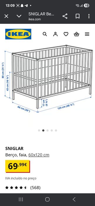 Berço 1.20m X 0.60m + colchão de espuma IKEA