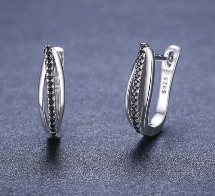 Eleganckie Srebrne Kolczyki 925 Angielskie Smukłe Czarno białe