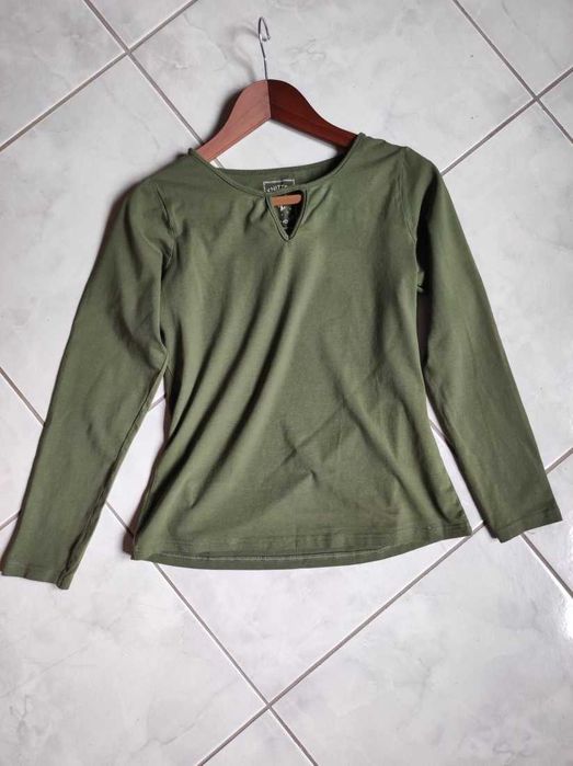 koszulka bawełniana bluzka damska khaki ozdobny dekolt