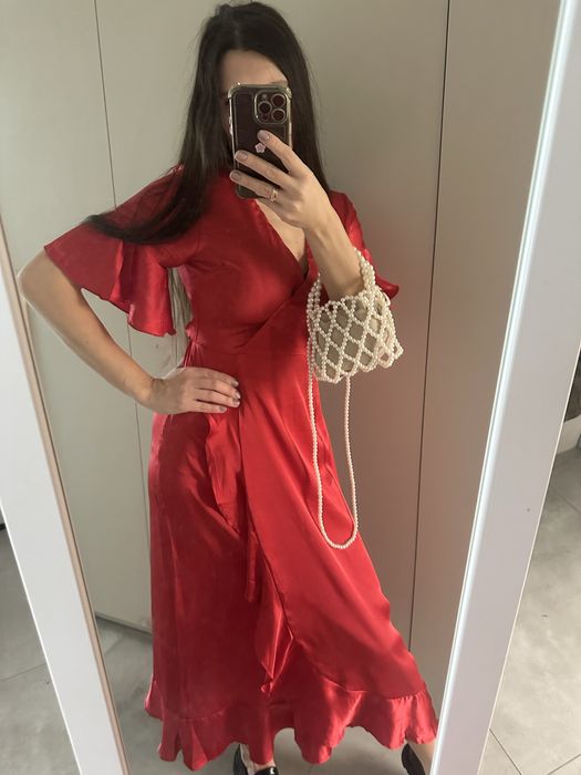 Czerwona sukienka midi S 36 kopertowa na zakładkę elegancka studniówka