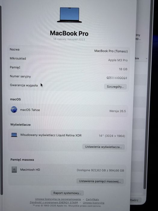 MacBook Pro  M3 PRO, 14”, 18GB, 1TB, bateria 88%