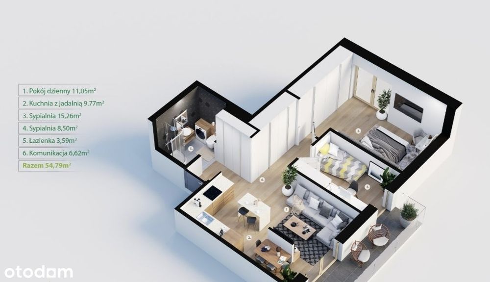 3 pokoje | 54,79 m² | 3 - ostatnie piętro | Bochnia, ul. Wygoda 57