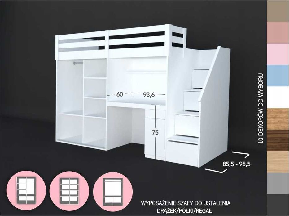 Łóżko antresola z szafą i biurkiem MARY BASIC