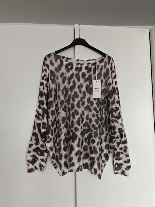 Sweter niciak nietoperz panterka brązowy biały m L XL