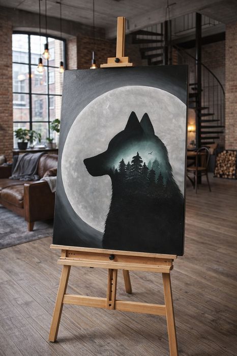 22 Duże obrazy na płótnie 58x78cm Loft Ręcznie Malowany Wilk Las we Mg