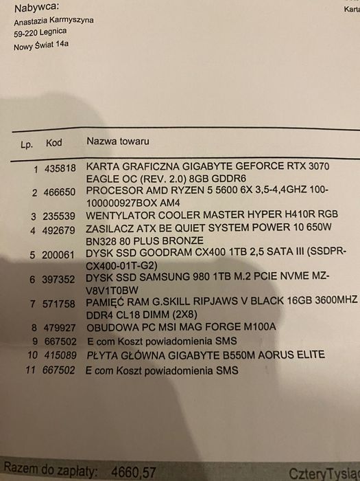 Komputer NOWY! amd 5 5600x rtx3070 gigabyte,ssd 1 tb, pamięć 16gb