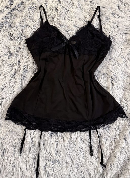 koszulka nocna halka koronka S 36 z paskami do ponczoch kokardka