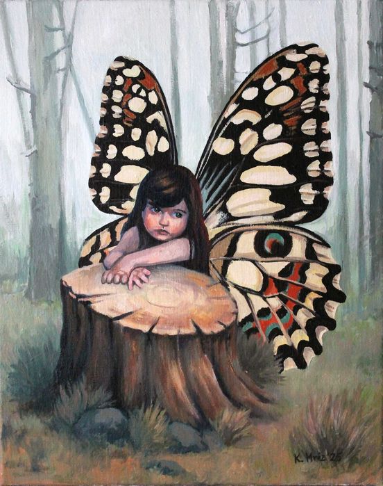 Mała wróżka obraz olejny na płótnie fantasy dziecko motyl 50x40 cm