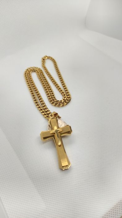 Nowy złoty łańcuszek z krzyżem Pancerka 5mm Stal chirurgiczna 316L