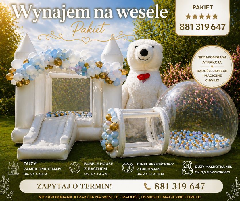 Wynajem, Zjeżdżalnie, Bubble House, Zamek, Biały Miś, Miki i Mini