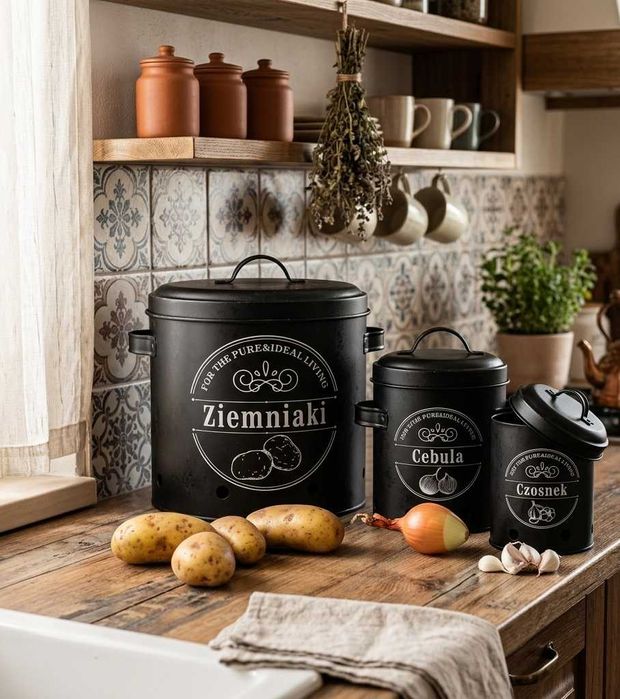 Pojemniki Kuchenne na Warzywa Zestaw 3szt Tadar Czarny Metal Loft