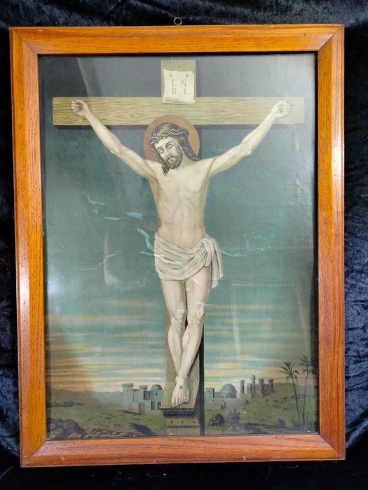 Stary duży obraz Jezus na krzyżu oleodruk OS1009