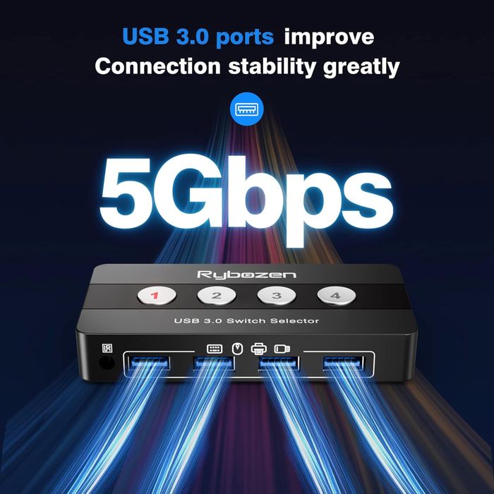 Комутатор Rybozen USB 3.0, 4 порти для 4 ПК, 4 входи та 4 USB-виходи