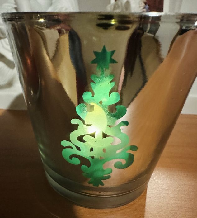 Dois castiçais vidro prateado Árvore Natal e Rena com vela eletrónica