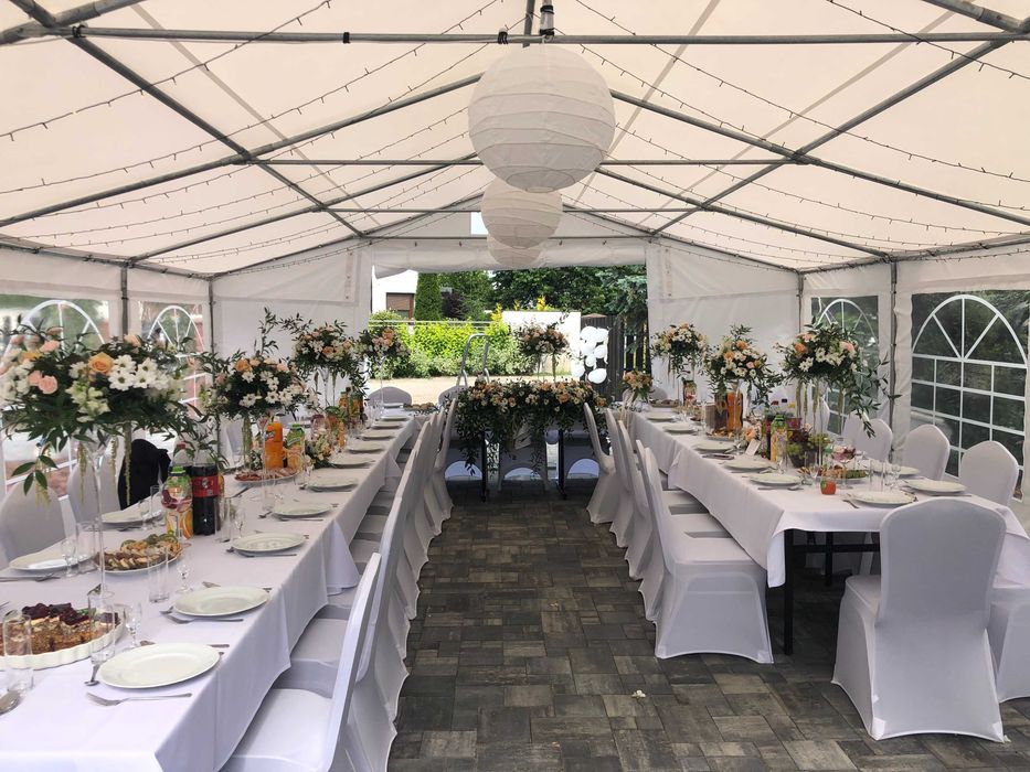 Wynajem, wypożyczanie: namiotów, krzeseł, stołów, pokrowców, obrusów