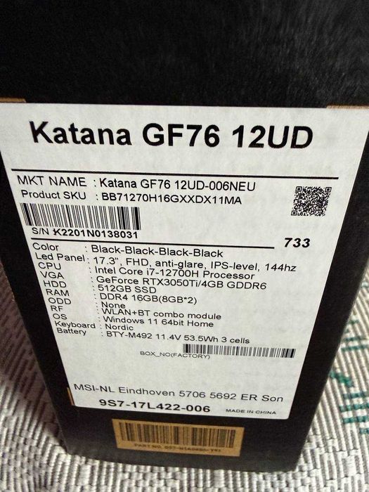 MSI Katana GF76 12UD i7-12700H 16ram ssd 512 RTX 3050 Ti 144hz