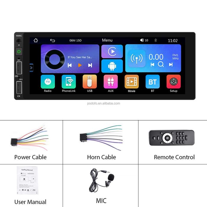 Rádio 1-Din 6.86" c/ Carplay/Android Auto, Bluetooth e GPS NOVO