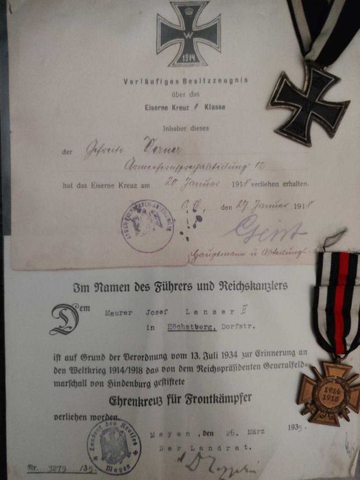 Cruz de Ferro 2.ª Classe e Cruz de Honra do Combatente com certificados!