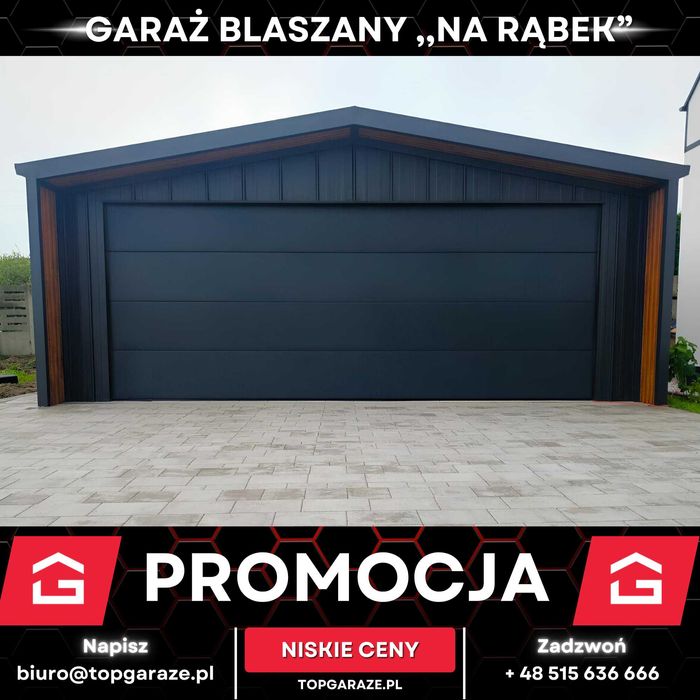 Nowoczesny garaż blaszany blacha NA RĄBEK wypust dachu automat 6x5,8m