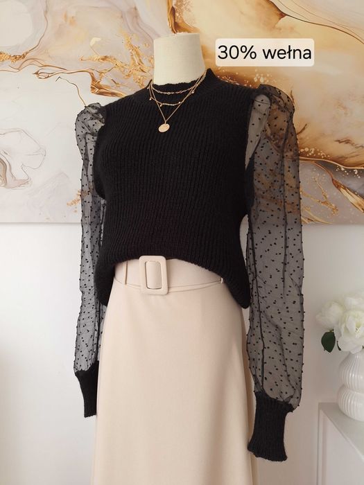 Czarny Sweter Półgolf Z Siateczkowymi Bufiastymi Rękawami Plumeti
