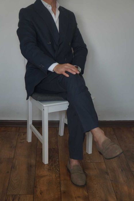 Reserved M Granatowy Garnitur Dwurzędowy Letni Len Bawełna Regular Fit Elegancki Styl