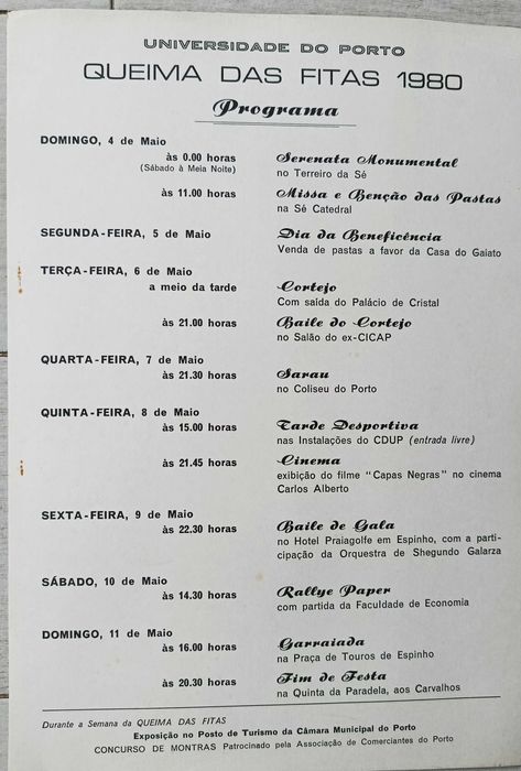 Cartaz Queima das fitas - Universidade do Porto - Programa - 1980