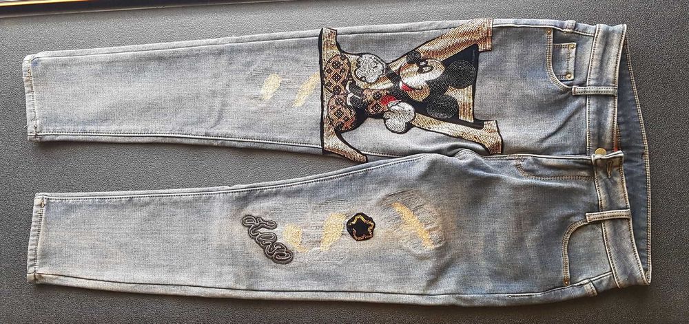 Spodnie jeans LV stretch, slim naszywki, przetarcia, roz.XL