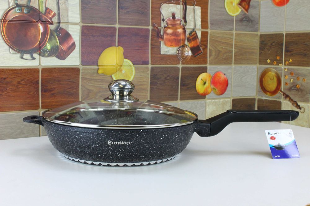 Solidna Głęboka Patelnia 28cm z pokrywą EliteHoff E7024 czarna