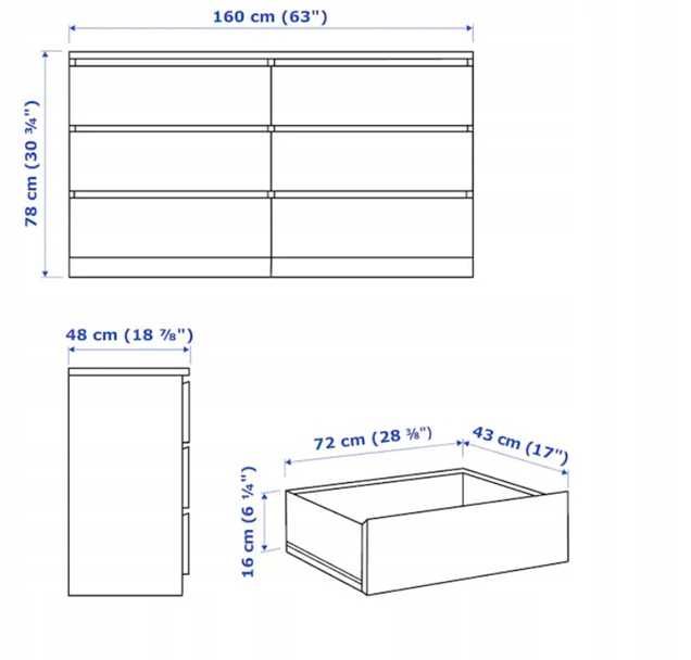 Komoda IKEA MALM, 6 szuflad, czarnobrąz, 160 x 78 cm