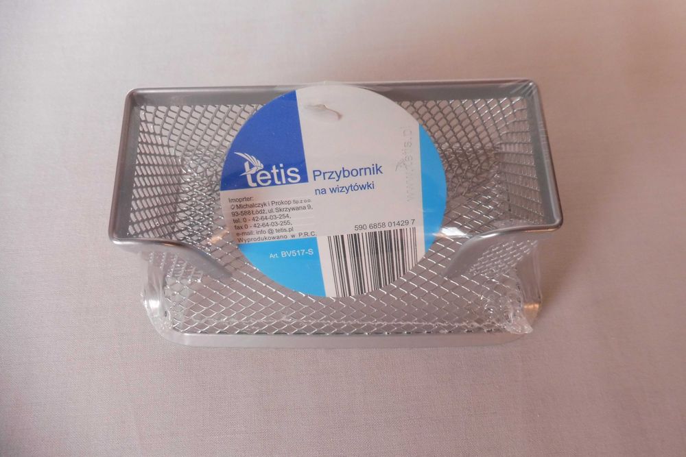 Pojemnik przybornik metalowy na wizytówki srebrny nowy